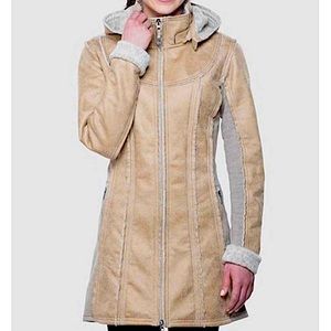 NWOT KUHL Dani Sherpa Leather Tan Light Brown Trench Jacket Coat No Hood